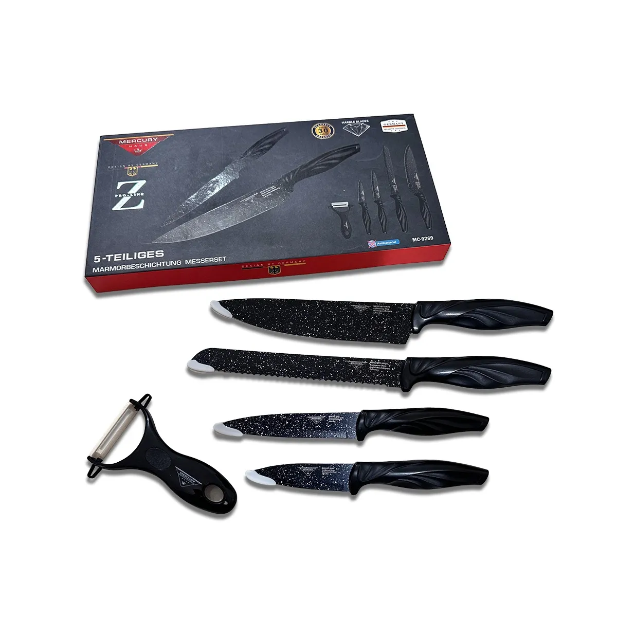 Zepter 5-Piece Non-Stick Kitchen Knife Set – Super Sharp High-Carbon Stainless Steel Knives with Peeler & Ergonomic Curved Blades for Cutting, Fruit & Vegetables