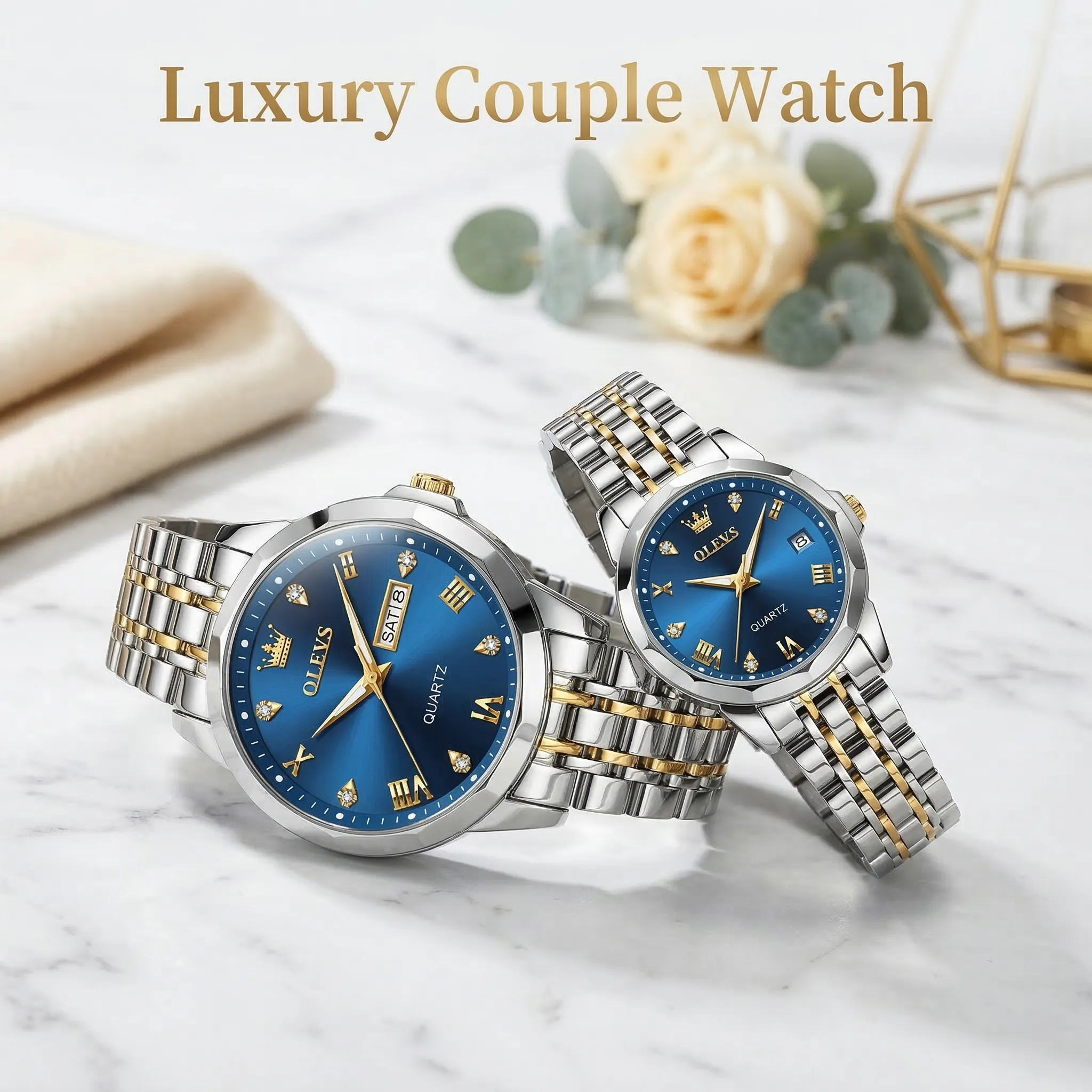 Olevs  Stainless Steel fashionable  Couple watches (Navy Blue)