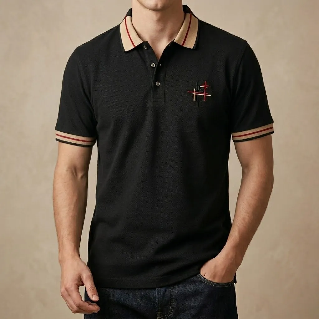 Premium Black Polo Shirt with Contrast Stripes
