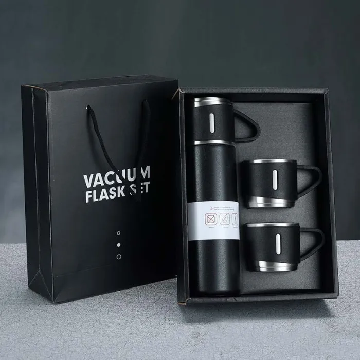 3-Piece Stainless Steel Vacuum Flask Set – 500ml Double-Wall Insulated Thermos Bottle with Cups for Hot & Cold Drinks, Travel & Gifting