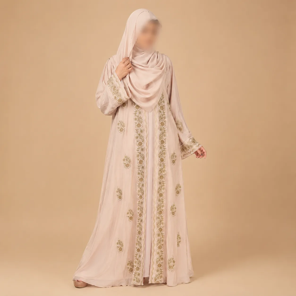 Premium Zafran Felix Luxury Abaya with Embroidery & Stone Work | Matching Hijab & Adjustable Inner | Modest Fashion Light Peach