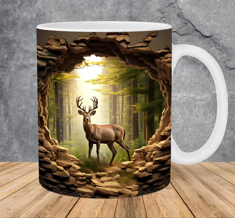 Wild Nature Deer Ceramic Mug – Premium Wraparound Design Coffee Mug with Forest & Stag Print, Microwave & Dishwasher Safe