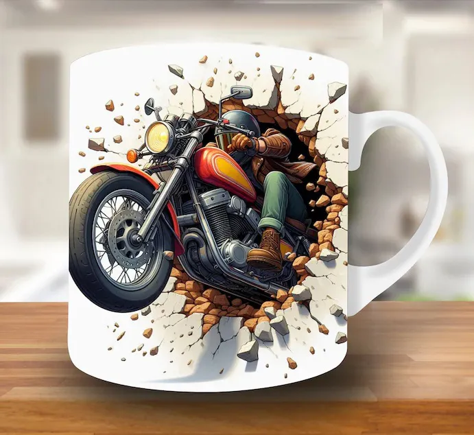 Motorcycle Mug – Premium Ceramic Coffee Mug with 3D Creative Biker Wraparound Design, Microwave & Dishwasher Safe