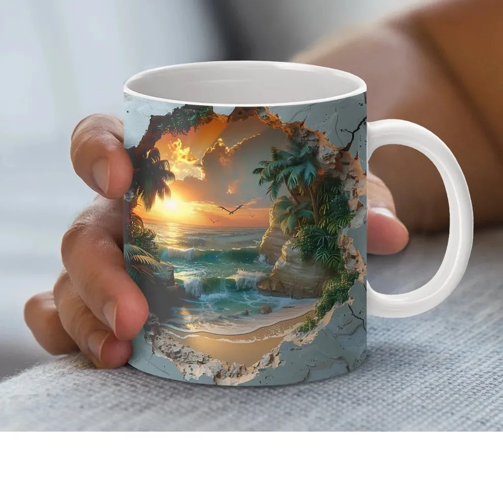 Tropical Beach Sunset Ceramic Mug – Premium Wraparound Design Coffee Mug with Sunset & Palm Trees, Microwave & Dishwasher Safe