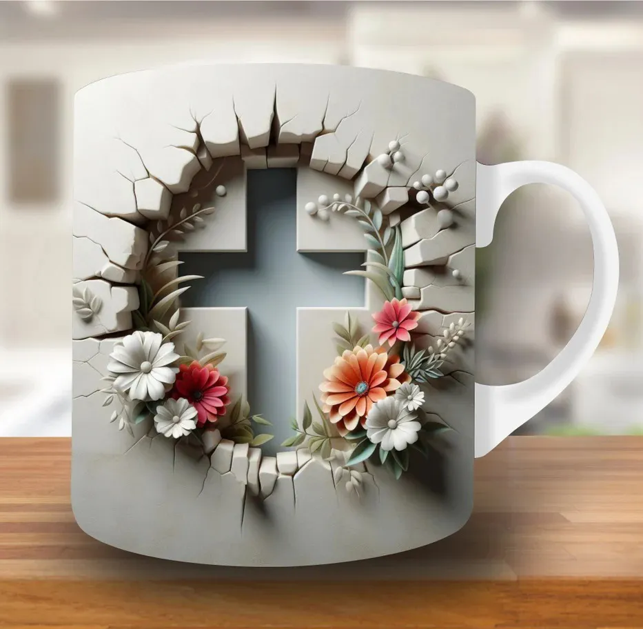 Christian Cross & Floral Ceramic Mug – Premium Wraparound Design Coffee Mug, Microwave & Dishwasher Safe