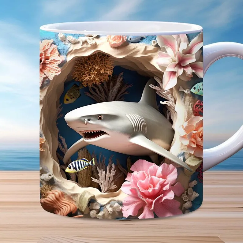 Ocean Shark Mug – Premium Ceramic Coffee Mug with 3D Underwater Shark Design, Microwave & Dishwasher Safe
