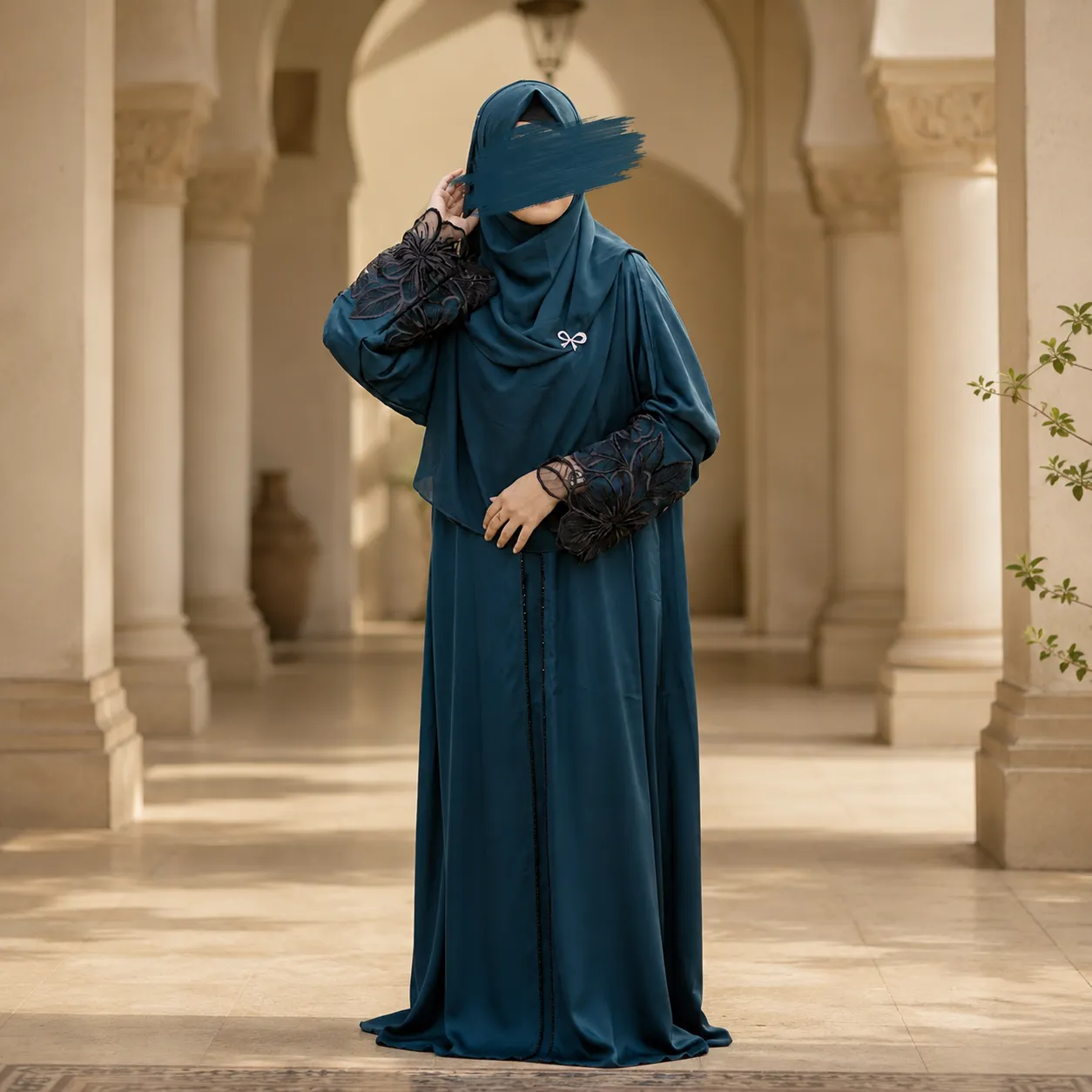 Premium Dubai Cherry Fabric: Elegant Lace Abaya Borka Teal Color