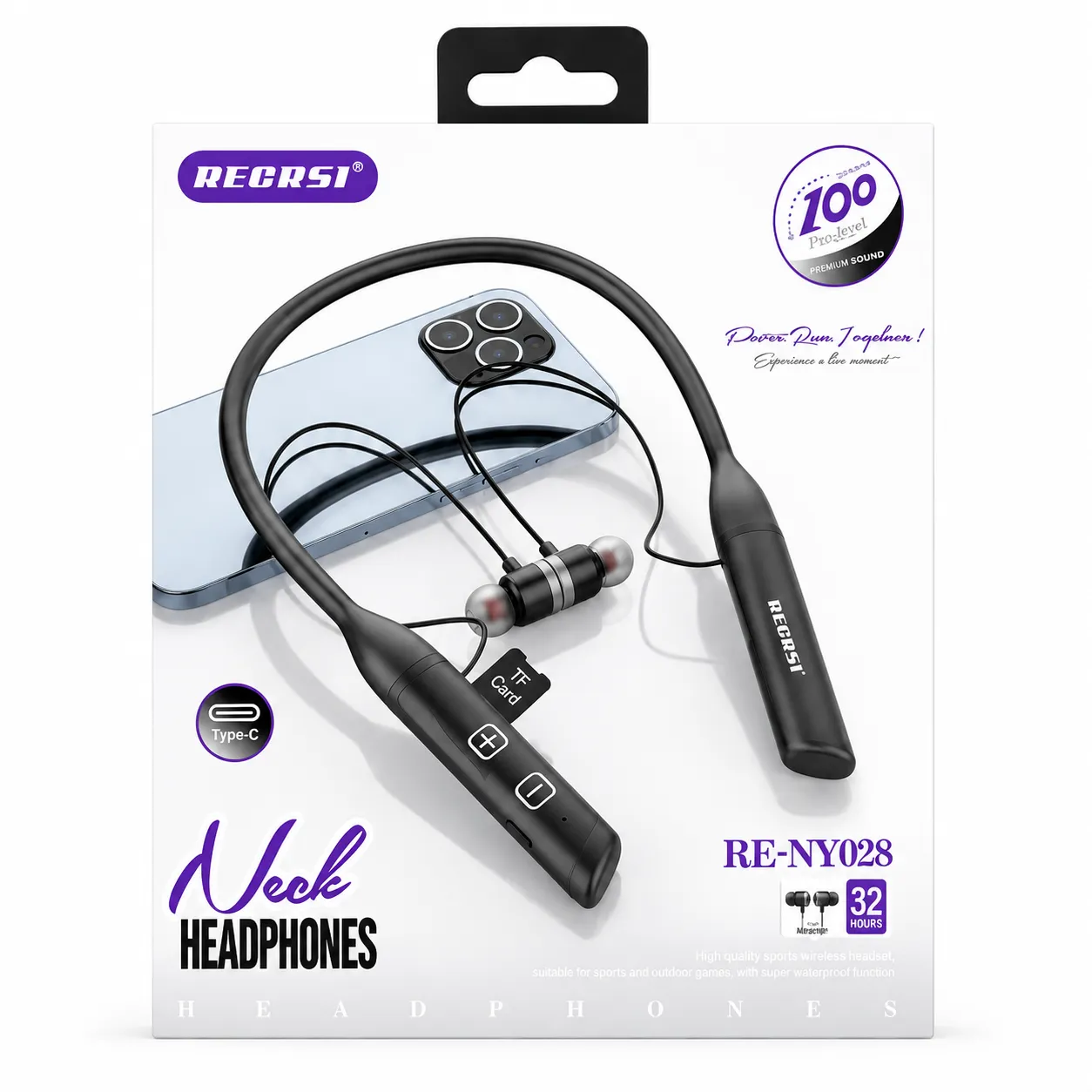 RECRSI RE-NY028 Wireless Bluetooth 5.1 Neckband Earphone - Black | 400mAh Battery, Up to 32 Hours Playtime & Fast USB Charging
