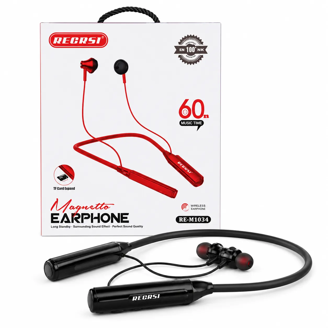 Recrsi RE-NY034 Wireless Bluetooth 5.1 Neckband with TF Card Support | 500mAh Battery, 60 Hours Playtime, Type-C Charging & Deep Bass Earphones