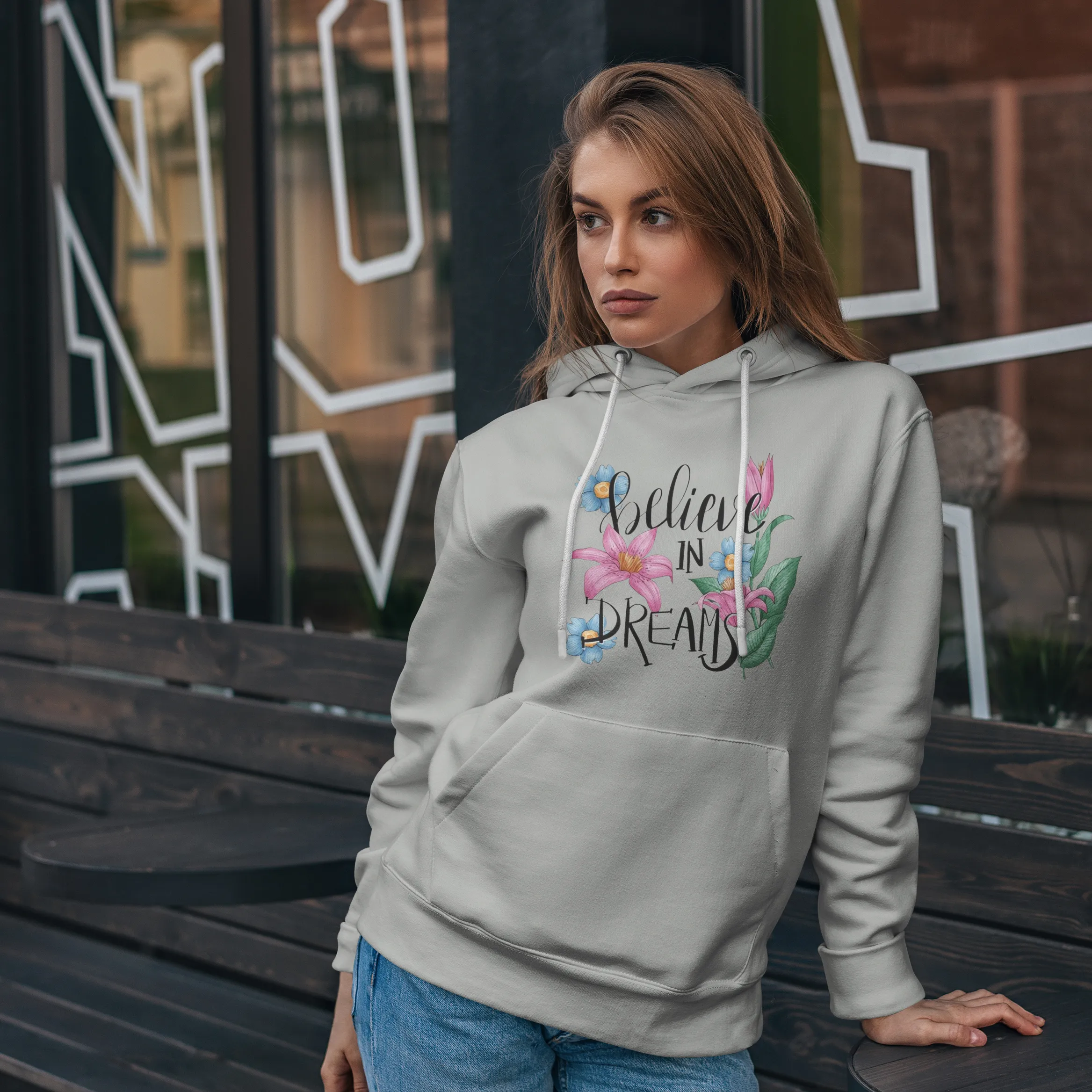 Premium Comfortable Printed Ladies Winter Hoodie ( Ash )