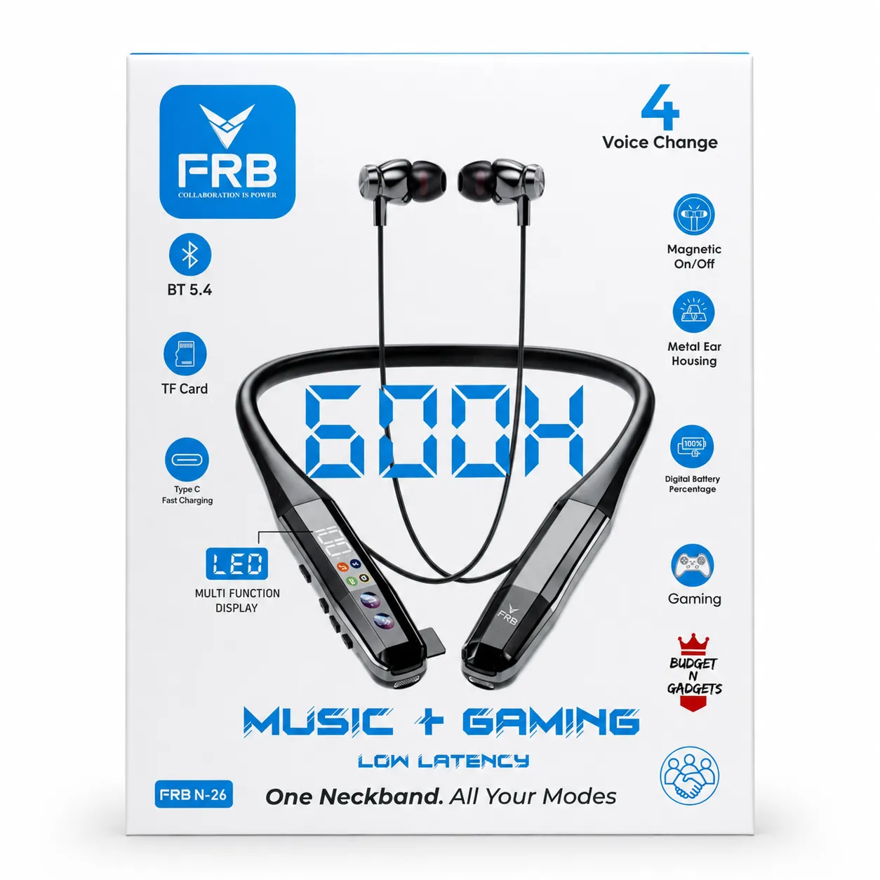 FRB N-26 Wireless Bluetooth 5.4 Neckband Earphone - 600 Hours Standby