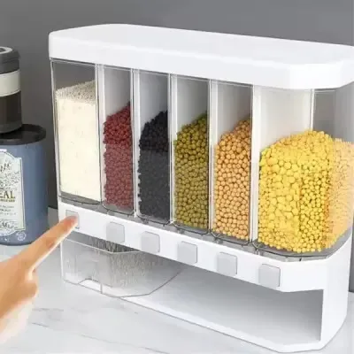 6-in-1 Wall Mounted Grain & Rice Dispenser – 10kg Multi-Grid Airtight Food Storage Container with Press Button for Kitchen Organization