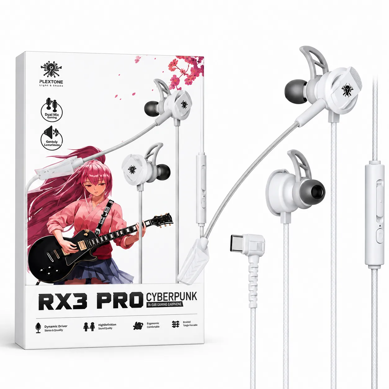 PLEXTONE RX3 Pro Cyberpunk In-Ear Wired Gaming Earphone with Dual Detachable Mic, 10mm Dynamic Driver & Deep Bass for Mobile & PC