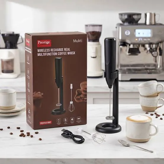 Prestige Mukt 2-in-1 Rechargeable Coffee Foamer & Milk Frother – 3-Speed Wireless Electric Handheld Whisk with Stand & Type-C Charging for Coffee, Eggs & Shakes