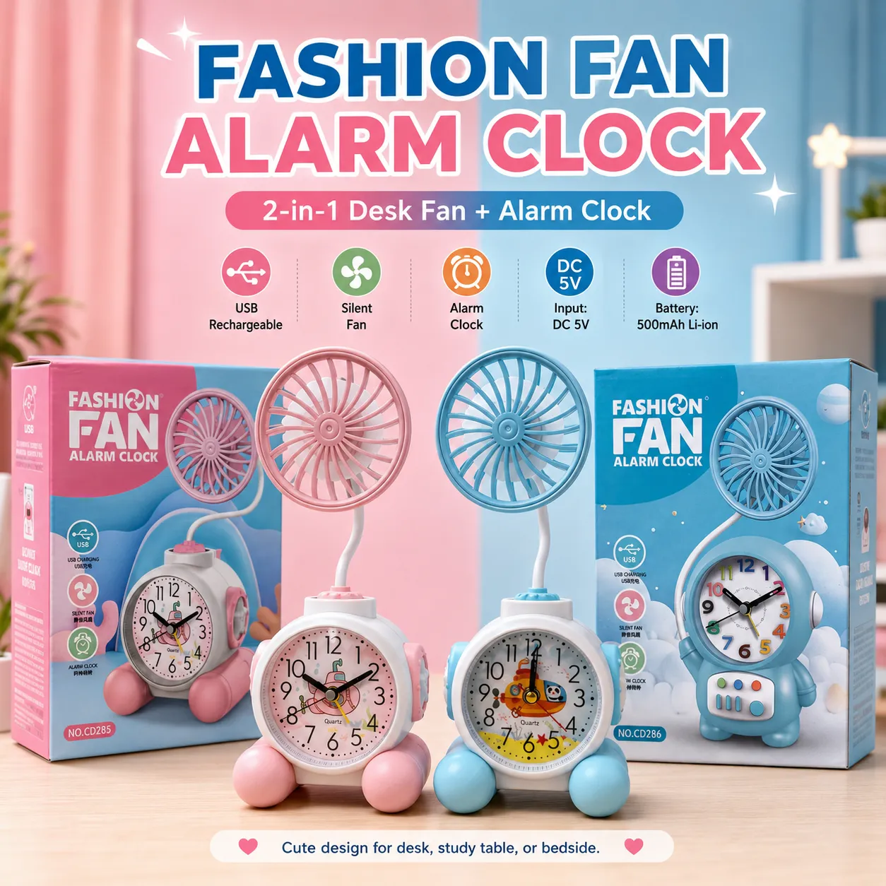 2-in-1 Cute Cartoon/Astronaut Alarm Clock with USB Rechargeable Mini Fan | Silent Desk Fan & Clock Combo for Kids Study Table & Office Decor